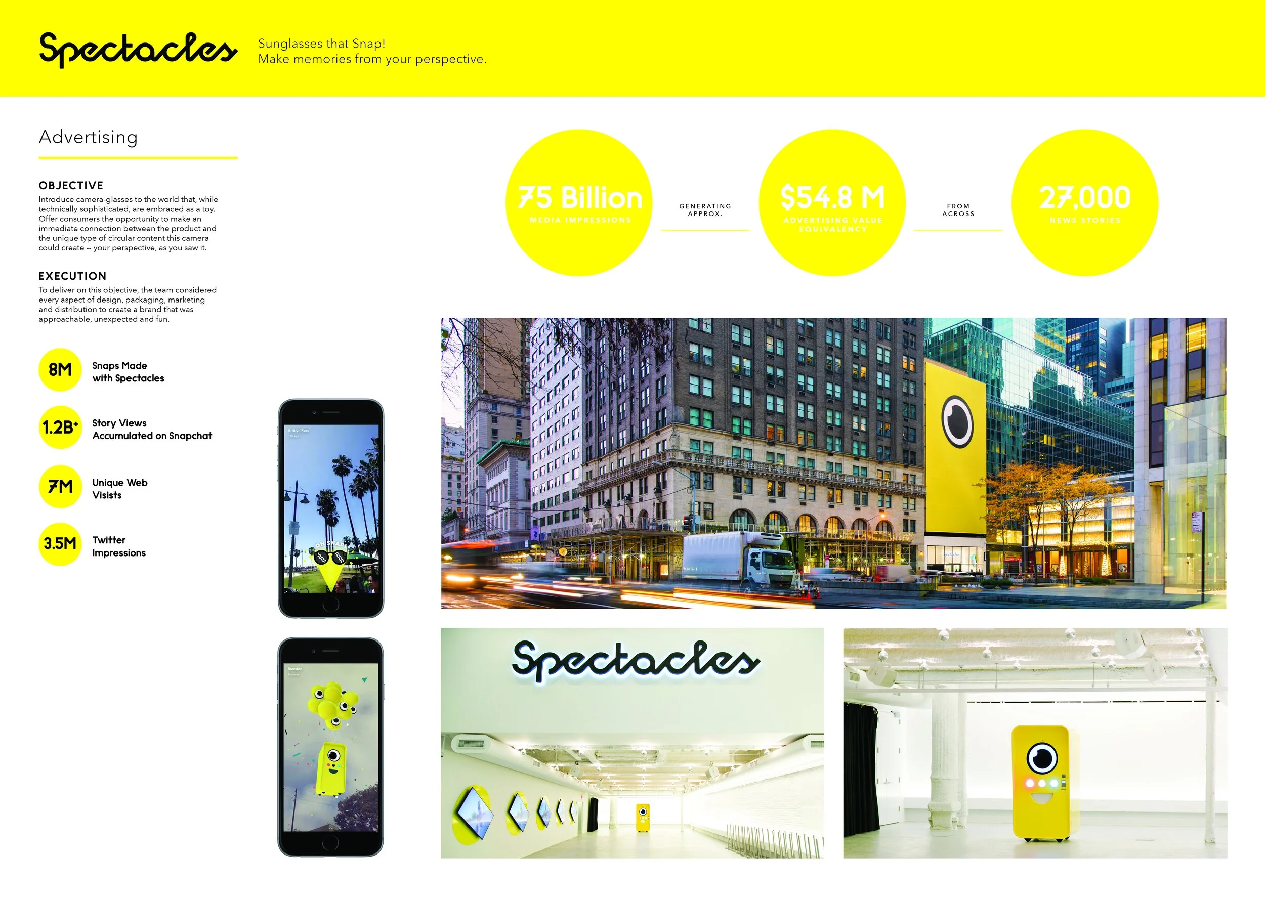 Spectacles Advertising board: stat circles, NYC wall mural, lens phone mockups and a Snapbot machine